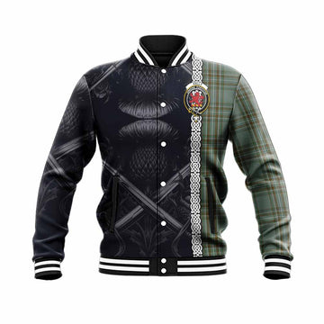Tartan Vibes Clothing Kelly Tartan Baseball Jacket with Family Crest Cross Sword Thistle Celtic Vibes