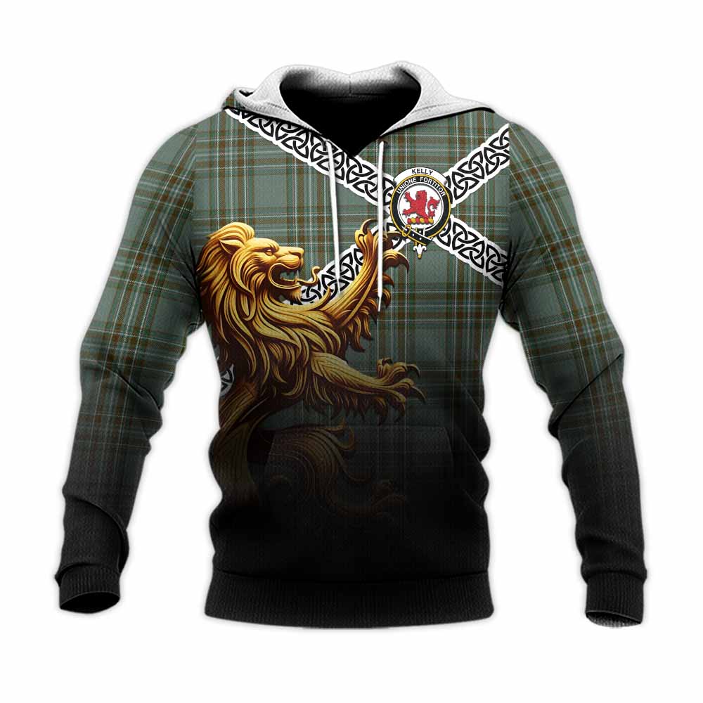 Tartan Vibes Clothing Kelly Crest Tartan Knitted Hoodie with Golden Lion Emblem Celtic Style
