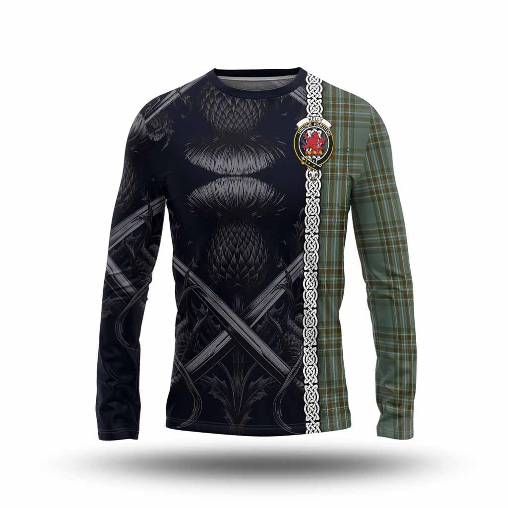 Tartan Vibes Clothing Kelly Tartan Long Sleeve T-Shirt with Family Crest Cross Sword Thistle Celtic Vibes