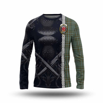 Tartan Vibes Clothing Kelly Tartan Long Sleeve T-Shirt with Family Crest Cross Sword Thistle Celtic Vibes