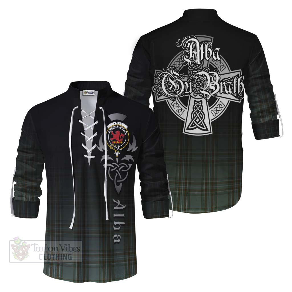 Tartan Vibes Clothing Kelly Tartan Ghillie Kilt Shirt Featuring Alba Gu Brath Family Crest Celtic Inspired