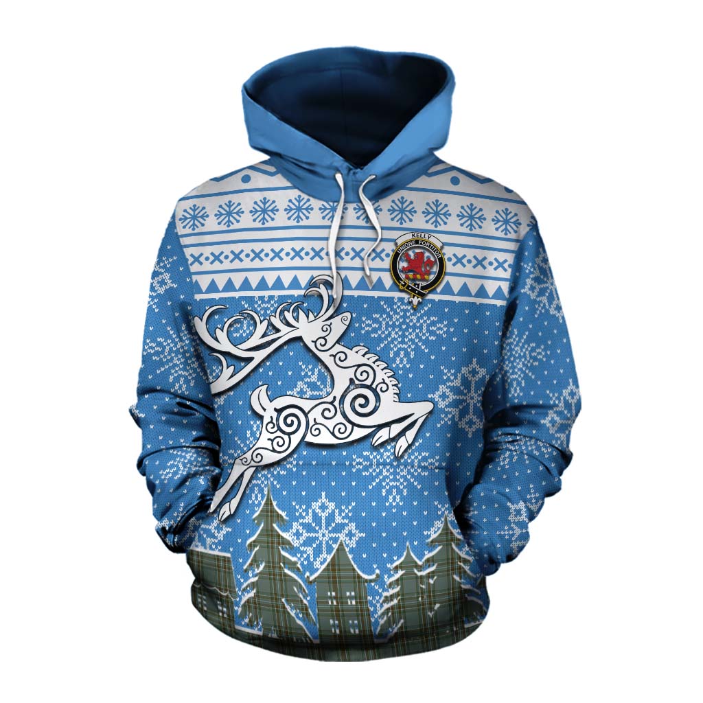 Tartan Vibes Clothing Kelly Clan Christmas Cotton Hoodie Celtic Reindeer Style