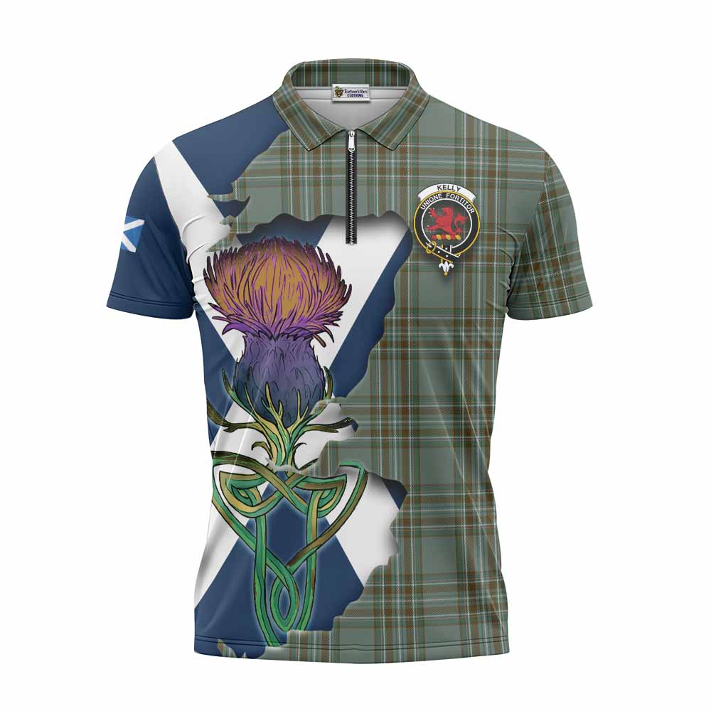 Tartan Vibes Clothing Kelly Tartan Family Crest Zipper Polo Shirt Scottish Thistle Celtic Inspired
