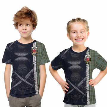 Tartan Vibes Clothing Kelly Tartan Kid T-Shirt with Family Crest Cross Sword Thistle Celtic Vibes