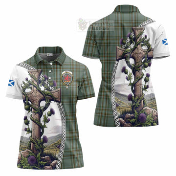 Tartan Vibes Clothing Kelly Tartan Women's Polo Shirt with Family Crest and St. Andrew's Cross Accented by Thistle Vines