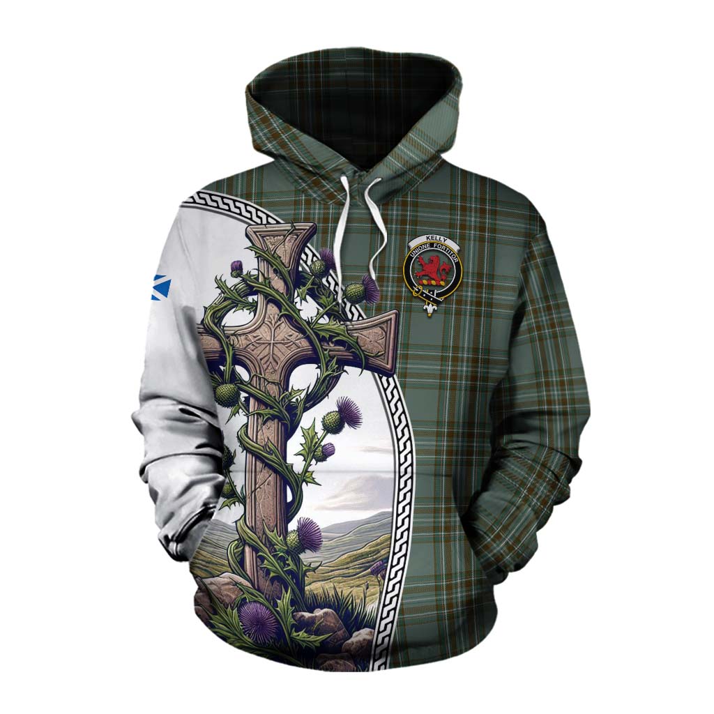 Tartan Vibes Clothing Kelly Tartan Cotton Hoodie with Family Crest and St. Andrew's Cross Accented by Thistle Vines