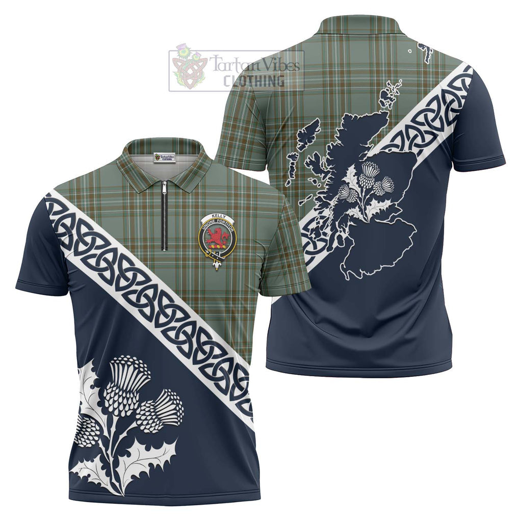Tartan Vibes Clothing Kelly Tartan Zipper Polo Shirt Featuring Thistle and Scotland Map
