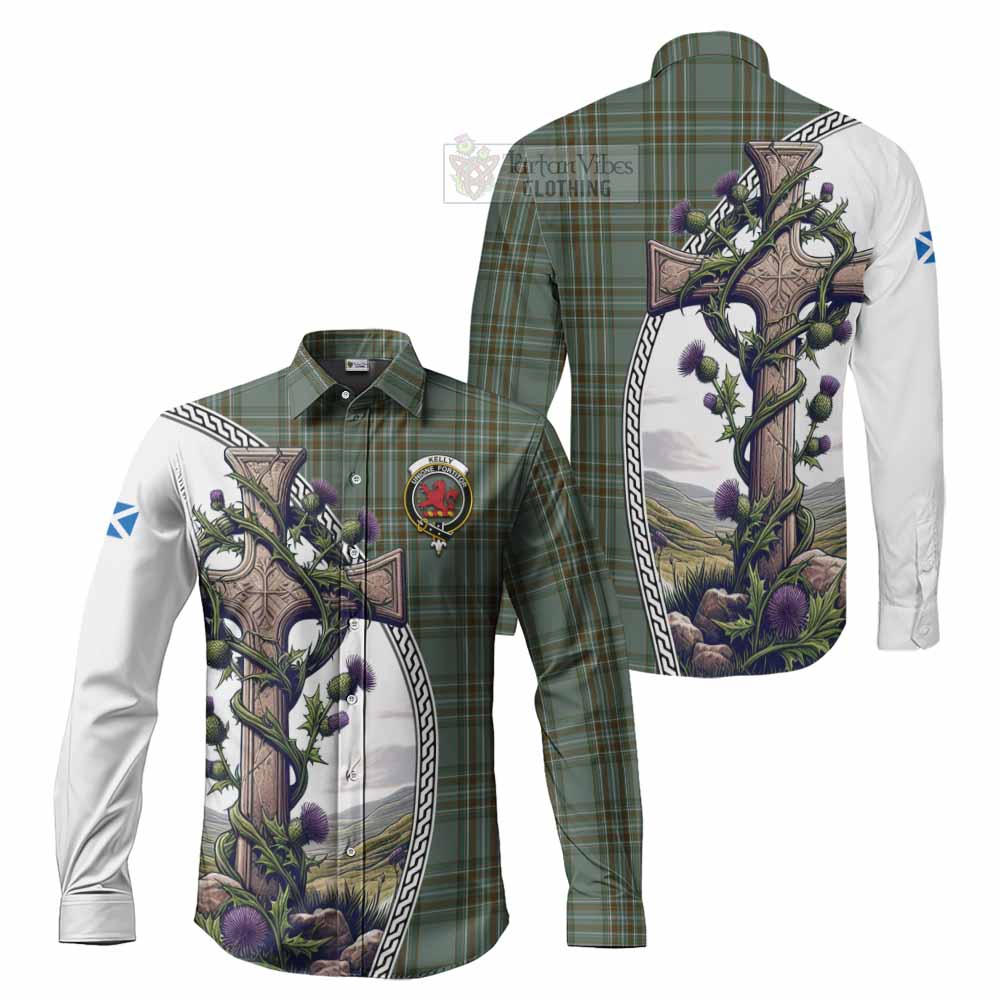 Tartan Vibes Clothing Kelly Tartan Long Sleeve Button Shirt with Family Crest and St. Andrew's Cross Accented by Thistle Vines