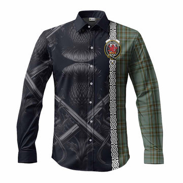Tartan Vibes Clothing Kelly Tartan Long Sleeve Button Shirt with Family Crest Cross Sword Thistle Celtic Vibes