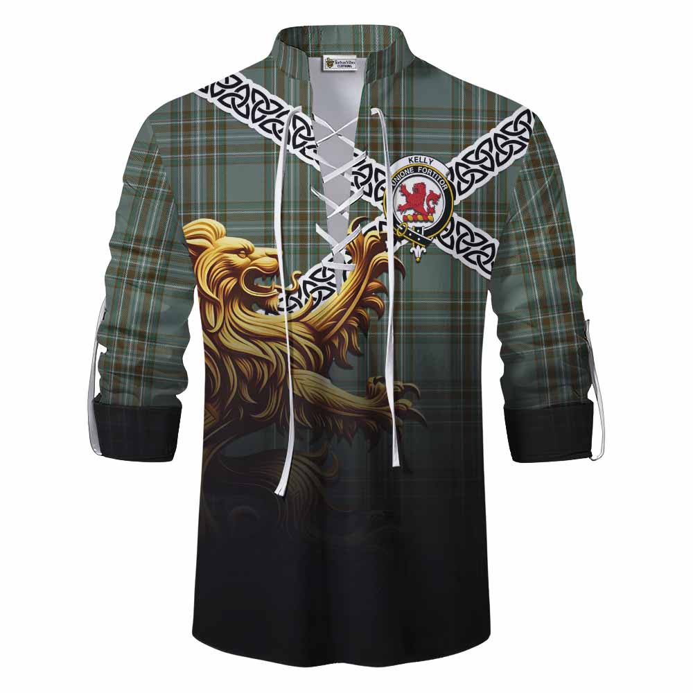 Tartan Vibes Clothing Kelly Crest Tartan Ghillie Kilt Shirt with Golden Lion Emblem Celtic Style
