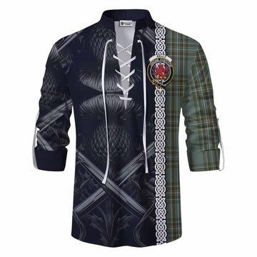 Tartan Vibes Clothing Kelly Tartan Ghillie Kilt Shirt with Family Crest Cross Sword Thistle Celtic Vibes