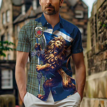 Tartan Vibes Clothing Kelly Tartan Family Crest Short Sleeve Button Shirt with Scottish Majestic Lion