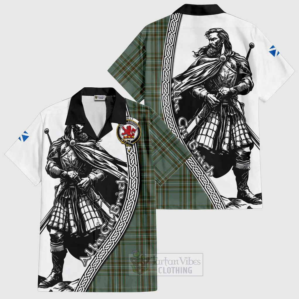 Tartan Vibes Clothing Kelly Tartan Clan Crest Short Sleeve Button Shirt with Highlander Warrior Celtic Style
