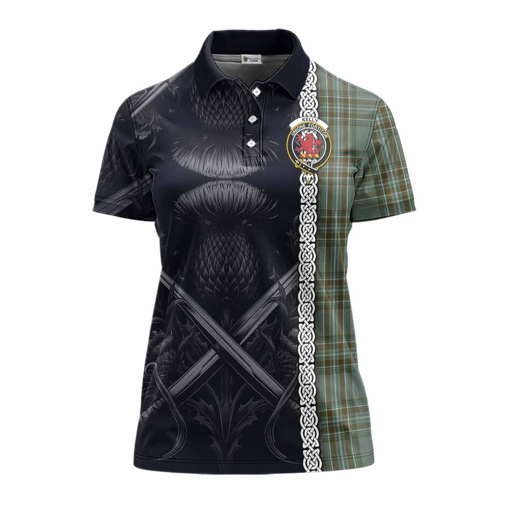 Tartan Vibes Clothing Kelly Tartan Women's Polo Shirt with Family Crest Cross Sword Thistle Celtic Vibes