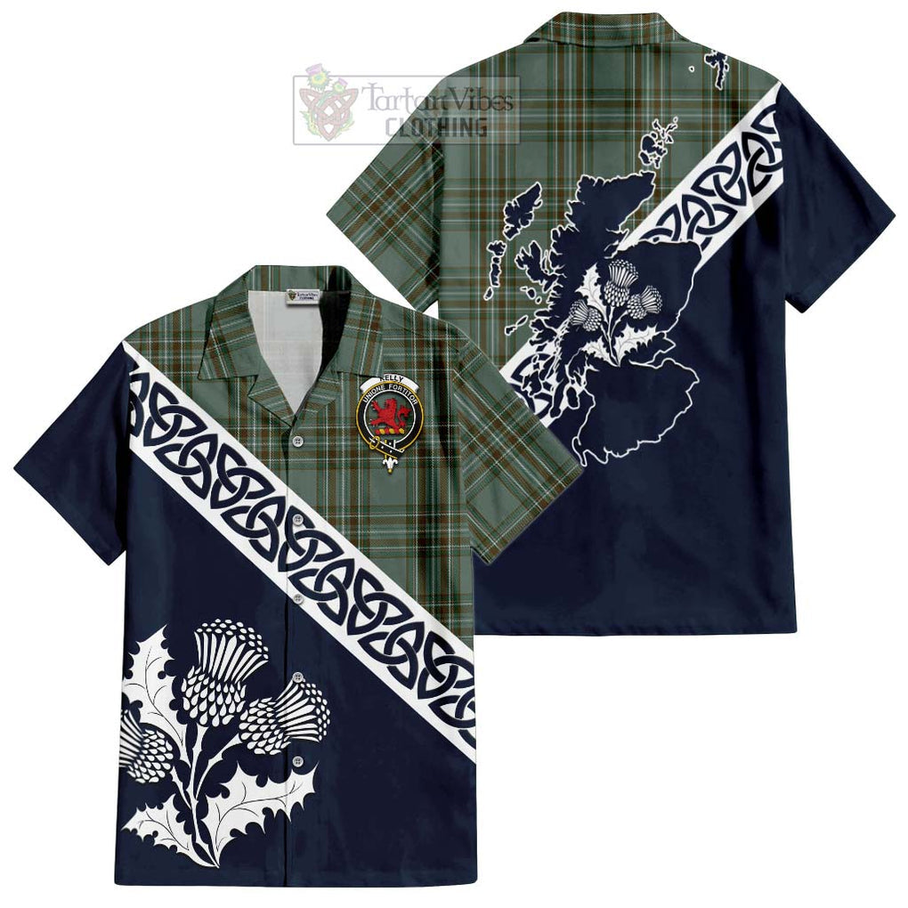 Tartan Vibes Clothing Kelly Tartan Short Sleeve Button Shirt Featuring Thistle and Scotland Map