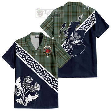 Tartan Vibes Clothing Kelly Tartan Short Sleeve Button Shirt Featuring Thistle and Scotland Map