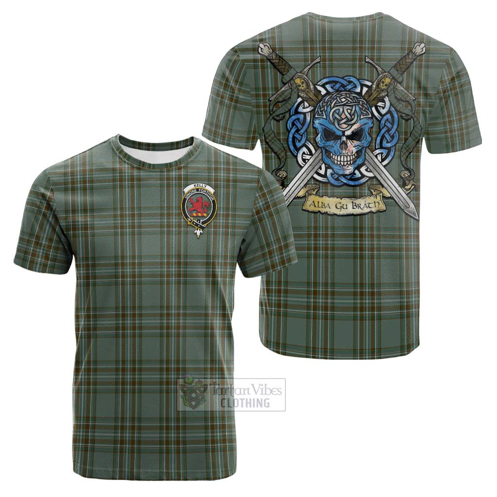 Tartan Vibes Clothing Kelly Tartan Cotton T-shirt with Family Crest Celtic Skull Style