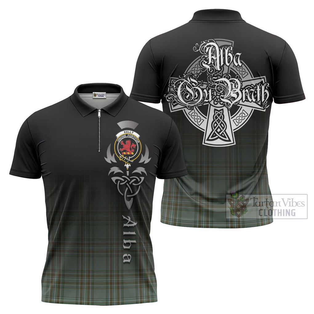 Tartan Vibes Clothing Kelly Tartan Zipper Polo Shirt Featuring Alba Gu Brath Family Crest Celtic Inspired