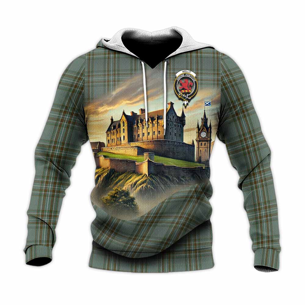 Tartan Vibes Clothing Kelly Tartan Family Crest Knitted Hoodie with Scottish Ancient Castle Style