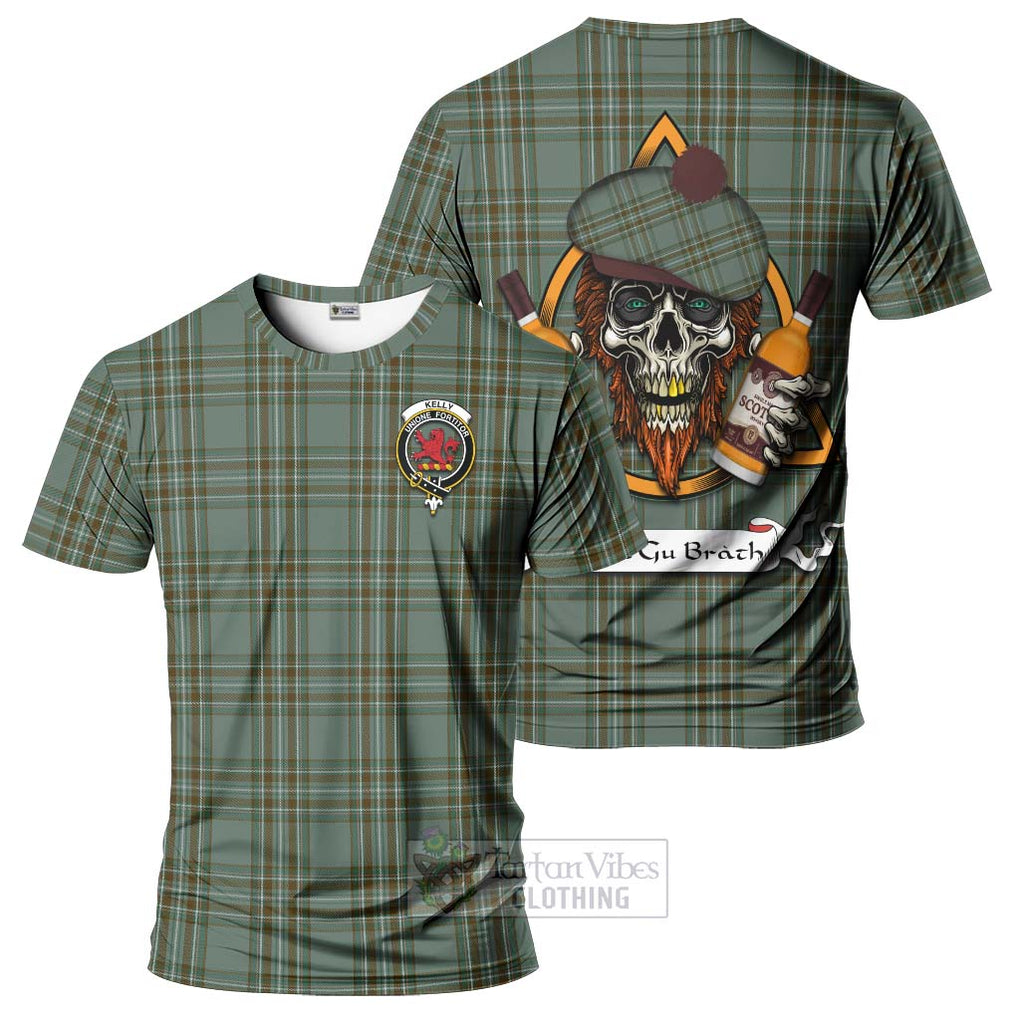 Tartan Vibes Clothing Kelly Tartan T-Shirt with Family Crest and Bearded Skull Holding Bottles of Whiskey