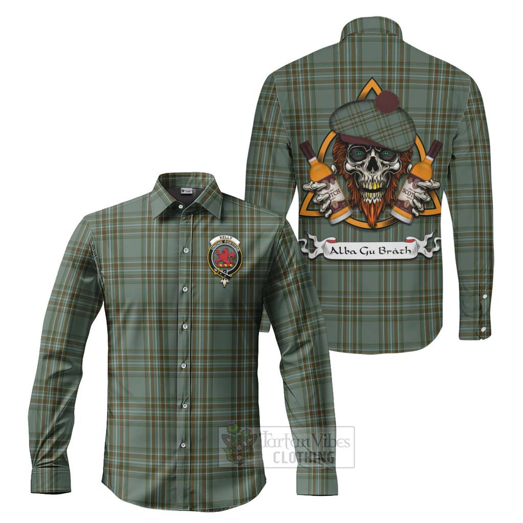 Tartan Vibes Clothing Kelly Tartan Long Sleeve Button Shirt with Family Crest and Bearded Skull Holding Bottles of Whiskey