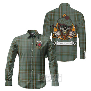 Tartan Vibes Clothing Kelly Tartan Long Sleeve Button Shirt with Family Crest and Bearded Skull Holding Bottles of Whiskey