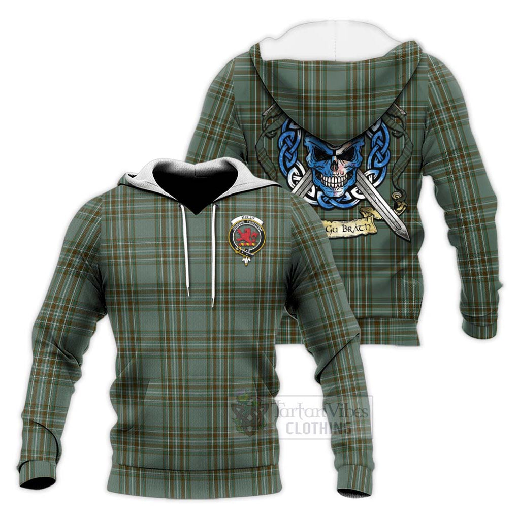 Tartan Vibes Clothing Kelly Tartan Knitted Hoodie with Family Crest Celtic Skull Style