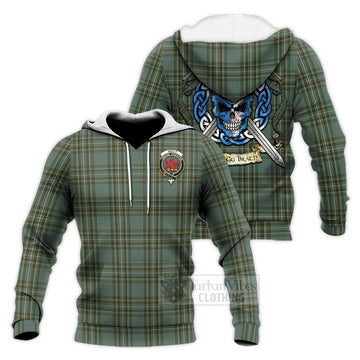 Tartan Vibes Clothing Kelly Tartan Knitted Hoodie with Family Crest Celtic Skull Style