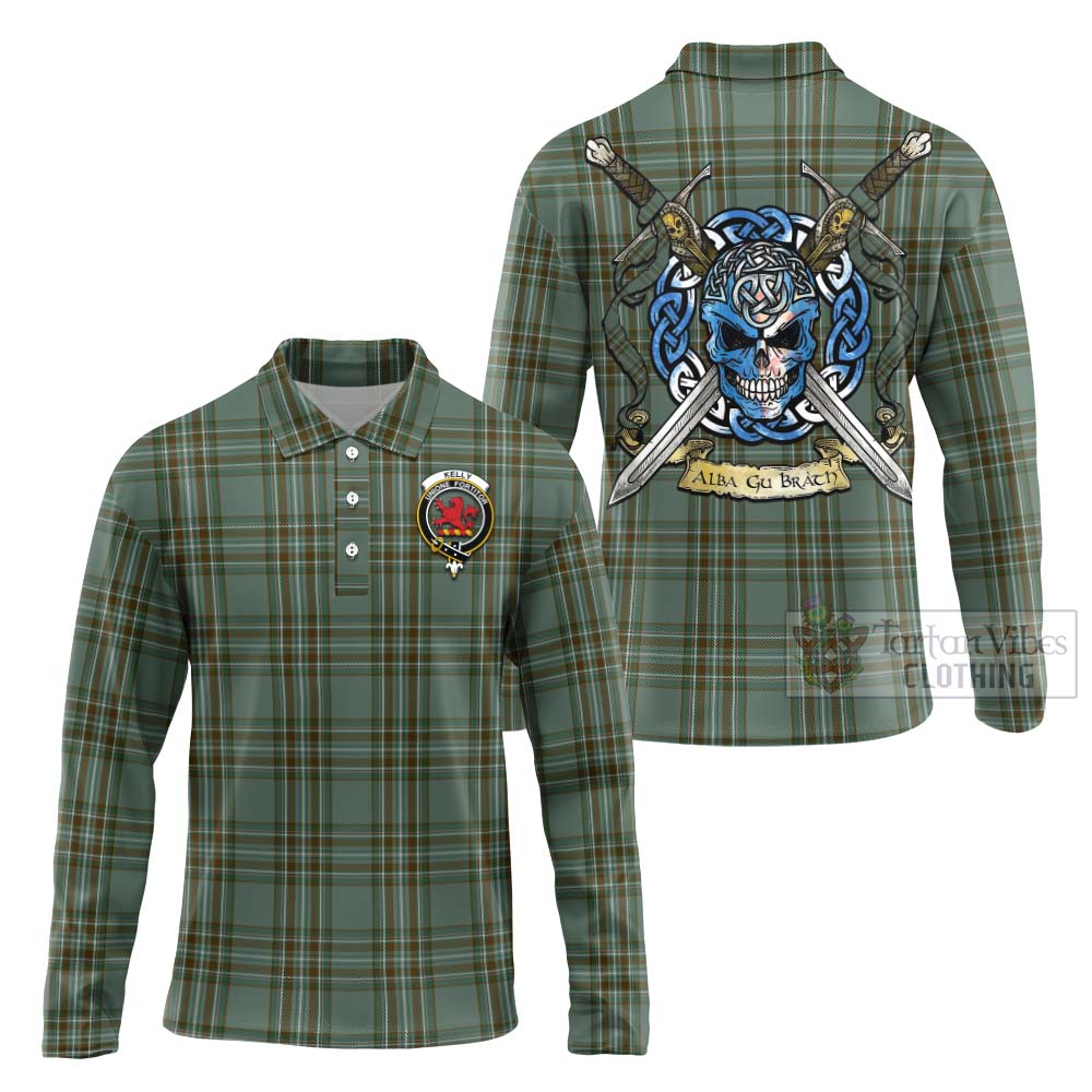 Tartan Vibes Clothing Kelly Tartan Long Sleeve Polo Shirt with Family Crest Celtic Skull Style