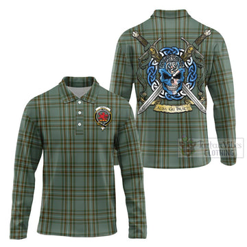 Tartan Vibes Clothing Kelly Tartan Long Sleeve Polo Shirt with Family Crest Celtic Skull Style