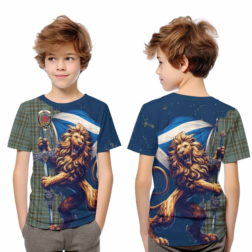 Tartan Vibes Clothing Kelly Tartan Family Crest Kid T-Shirt with Scottish Majestic Lion