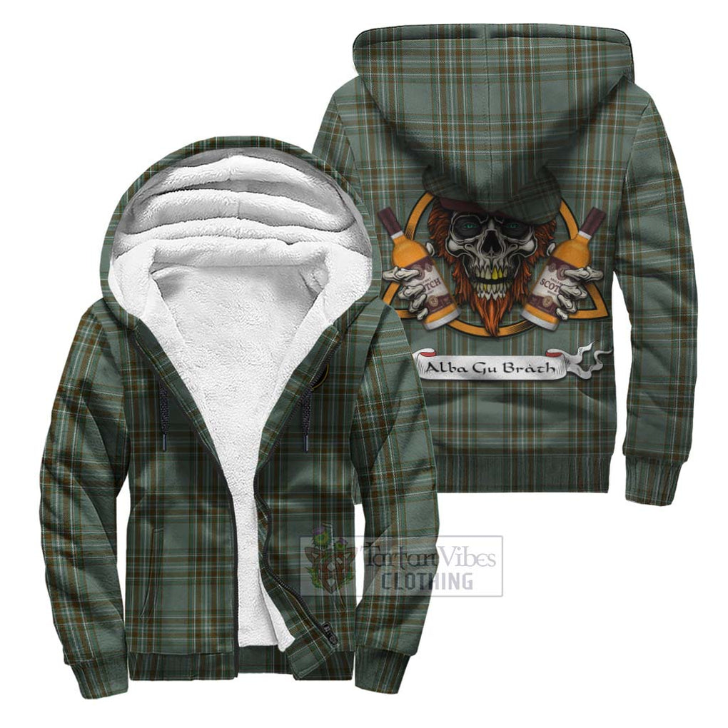 Tartan Vibes Clothing Kelly Tartan Sherpa Hoodie with Family Crest and Bearded Skull Holding Bottles of Whiskey