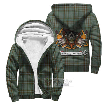 Tartan Vibes Clothing Kelly Tartan Sherpa Hoodie with Family Crest and Bearded Skull Holding Bottles of Whiskey