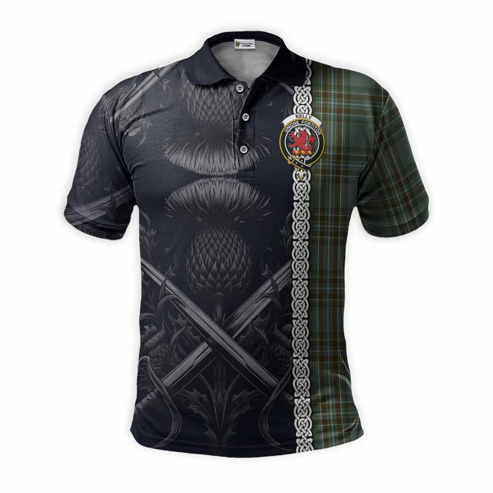 Tartan Vibes Clothing Kelly Tartan Polo Shirt with Family Crest Cross Sword Thistle Celtic Vibes