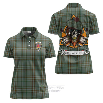 Tartan Vibes Clothing Kelly Tartan Women's Polo Shirt with Family Crest and Bearded Skull Holding Bottles of Whiskey