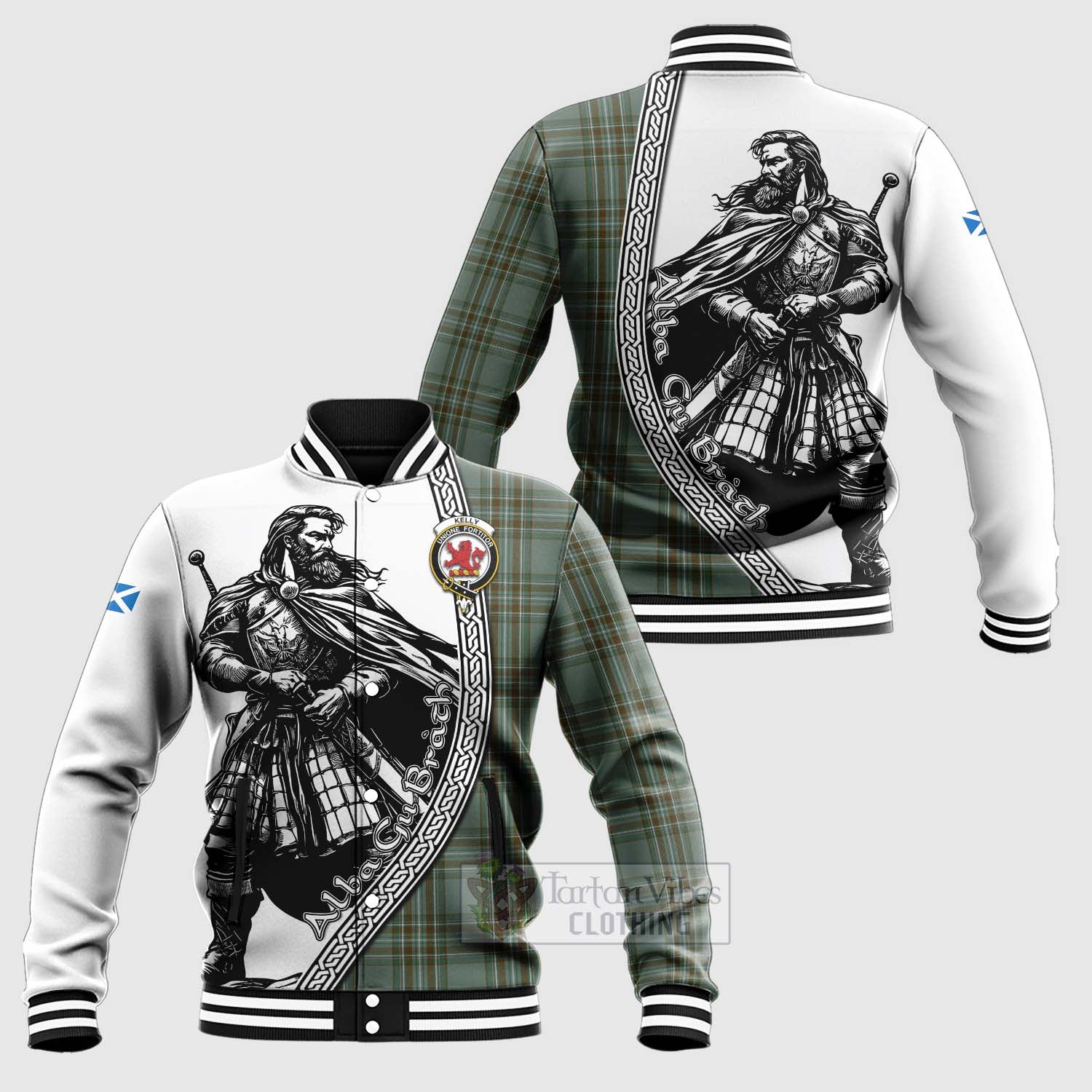 Tartan Vibes Clothing Kelly Tartan Clan Crest Baseball Jacket with Highlander Warrior Celtic Style