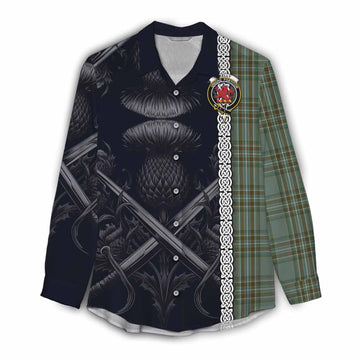 Tartan Vibes Clothing Kelly Tartan Women's Casual Shirt with Family Crest Cross Sword Thistle Celtic Vibes