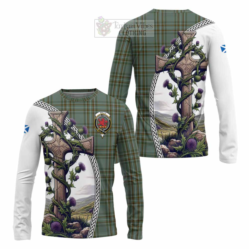 Tartan Vibes Clothing Kelly Tartan Long Sleeve T-Shirt with Family Crest and St. Andrew's Cross Accented by Thistle Vines
