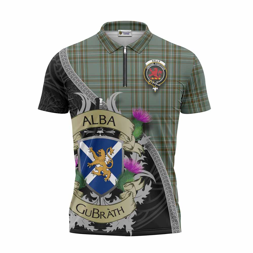 Tartan Vibes Clothing Kelly Tartan Family Crest Zipper Polo Shirt Lion Rampant Royal Thistle Shield Celtic Inspired