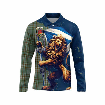 Tartan Vibes Clothing Kelly Tartan Family Crest Long Sleeve Polo Shirt with Scottish Majestic Lion