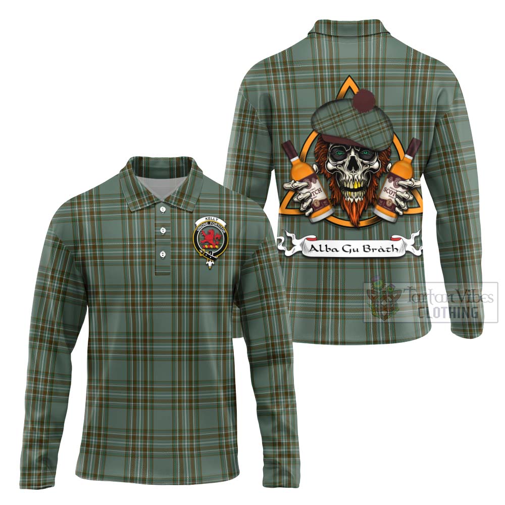 Tartan Vibes Clothing Kelly Tartan Long Sleeve Polo Shirt with Family Crest and Bearded Skull Holding Bottles of Whiskey