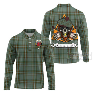 Tartan Vibes Clothing Kelly Tartan Long Sleeve Polo Shirt with Family Crest and Bearded Skull Holding Bottles of Whiskey