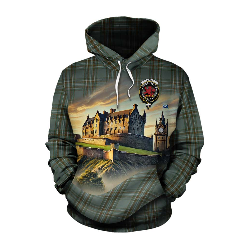 Tartan Vibes Clothing Kelly Tartan Family Crest Cotton Hoodie with Scottish Ancient Castle Style