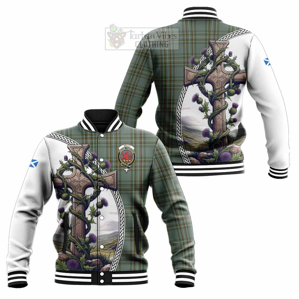 Tartan Vibes Clothing Kelly Tartan Baseball Jacket with Family Crest and St. Andrew's Cross Accented by Thistle Vines