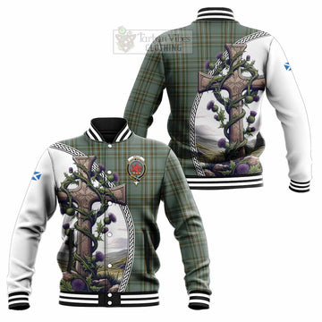 Tartan Vibes Clothing Kelly Tartan Baseball Jacket with Family Crest and St. Andrew's Cross Accented by Thistle Vines
