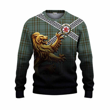 Tartan Vibes Clothing Kelly Crest Tartan Knitted Sweater with Golden Lion Emblem Celtic Style