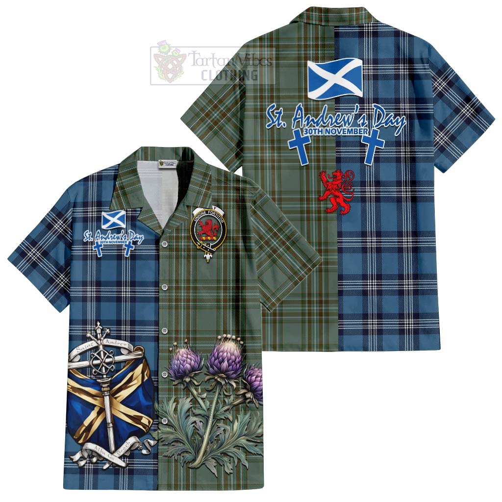 Tartan Vibes Clothing Kelly Tartan Short Sleeve Button Shirt Happy St. Andrew's Day Half Tartan Style