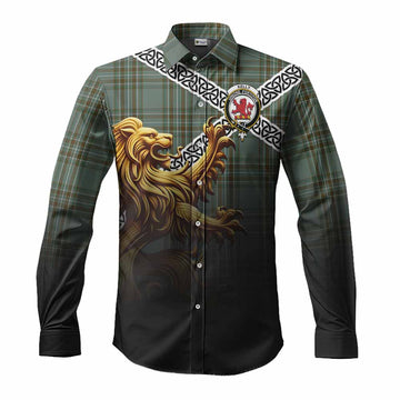 Tartan Vibes Clothing Kelly Crest Tartan Long Sleeve Button Shirt with Golden Lion Emblem Celtic Style