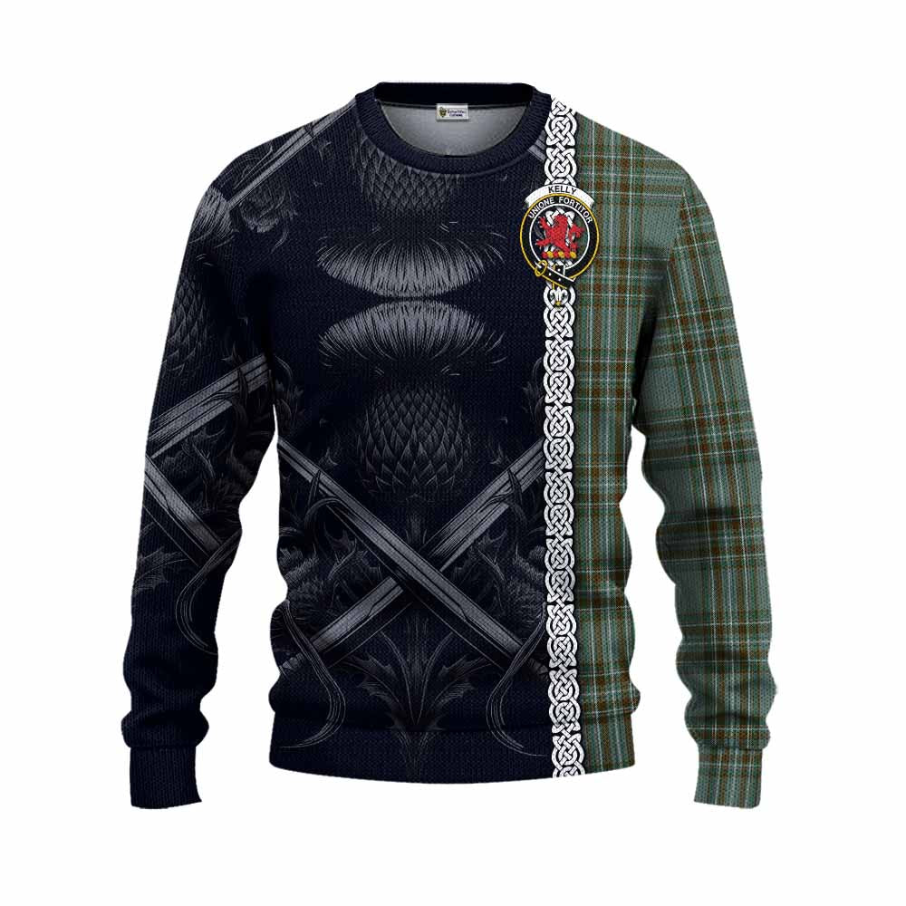 Tartan Vibes Clothing Kelly Tartan Knitted Sweater with Family Crest Cross Sword Thistle Celtic Vibes