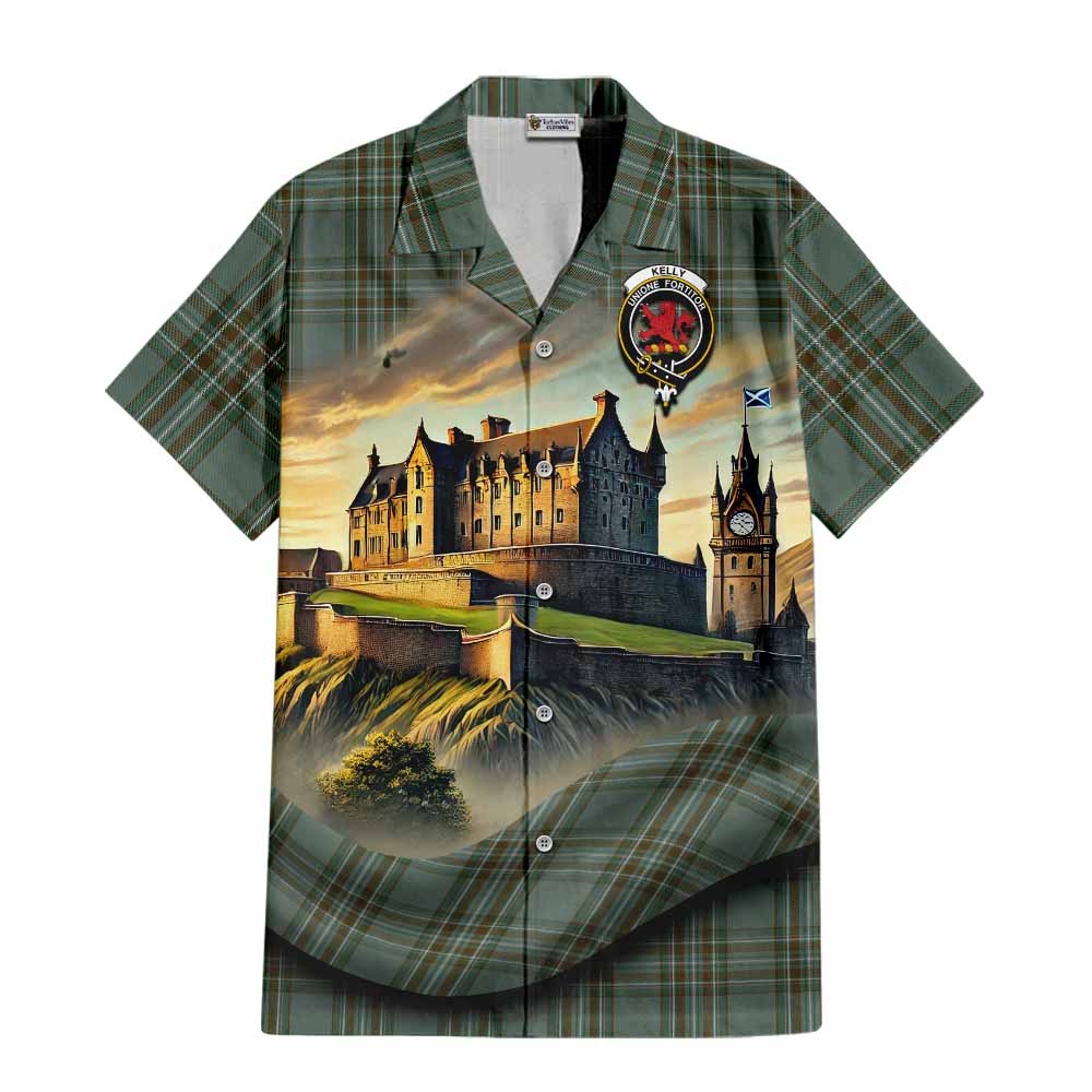 Tartan Vibes Clothing Kelly Tartan Family Crest Short Sleeve Button Shirt with Scottish Ancient Castle Style